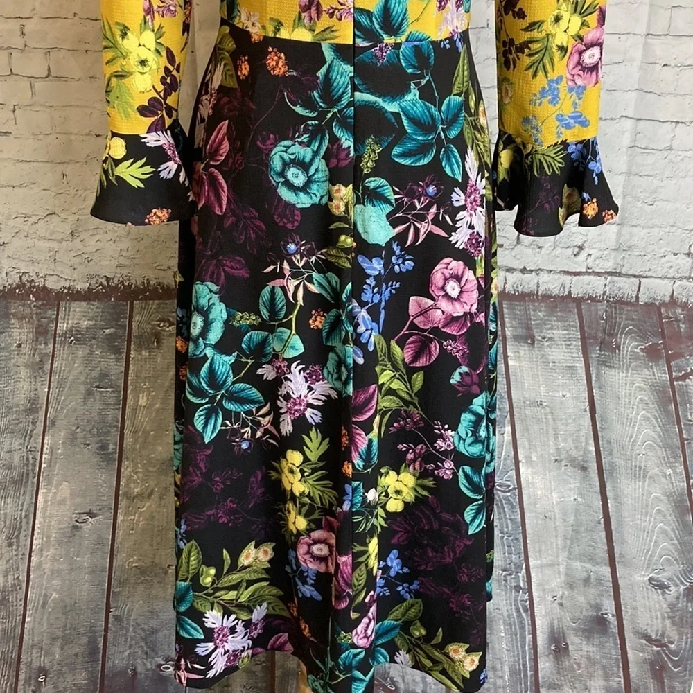 ELIZA J NWOT Floral Color Block MIDI Dress Long Bell Sleeves Sz 4 Dark Romantic - Picture 12 of 16